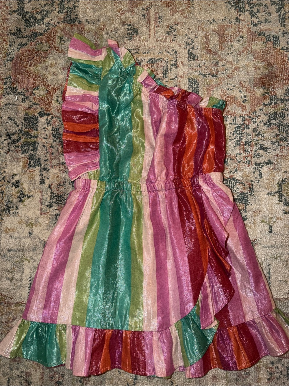 Crewcuts Multicolor Rainbow Stripe One-Shoulder Dress - Pink Green Red Cream